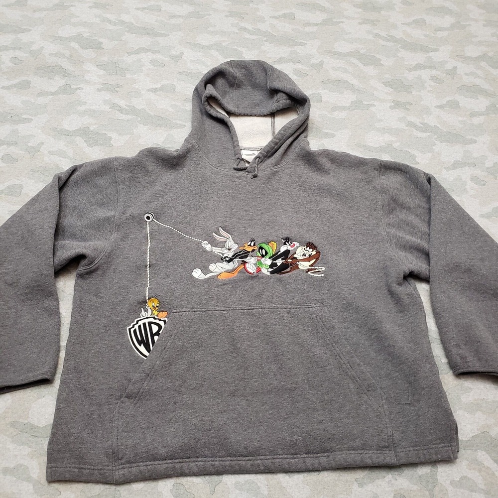 Vintage‎ Warner Bros Sweatshirt Womens Large Gray Embroidered Hooded Pullover